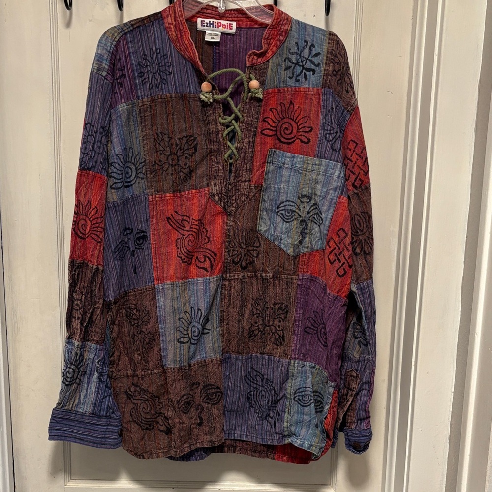 EzHippie Colorful Patchwork Long Sleeve Boho Langenlook Shirt X-Large